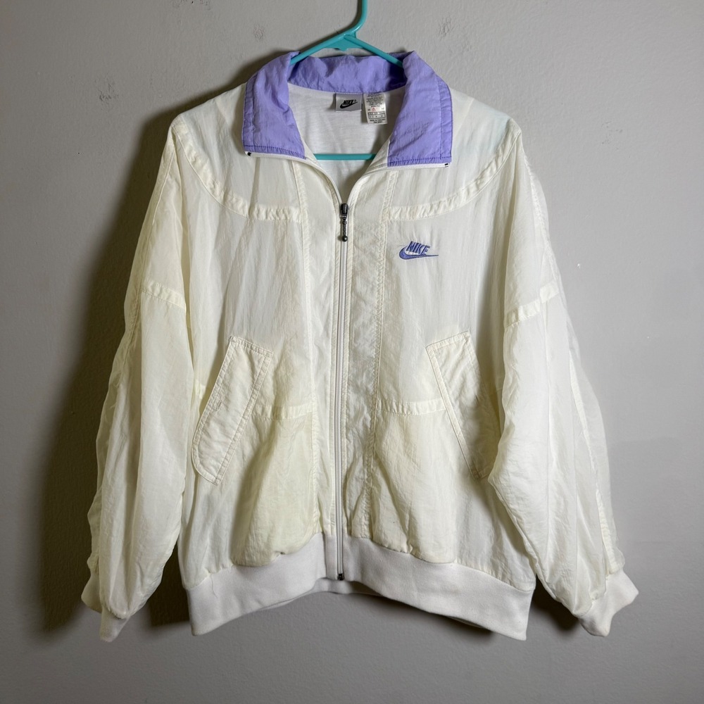 Vintage Nike Windbreaker Jacket Cream Lavender Purple 90s Full Zip Womens Medium